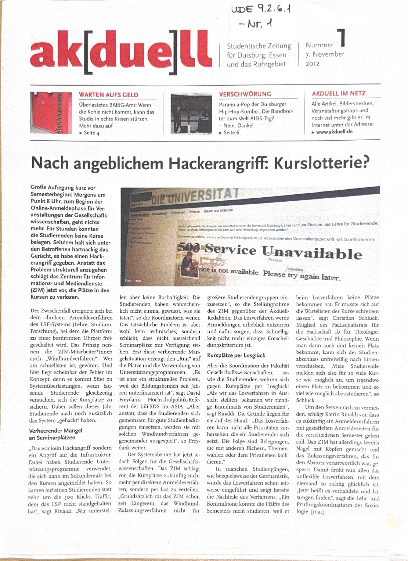 Titelseite der ak[due]ll Ausgabe Nr. 1 von 2012