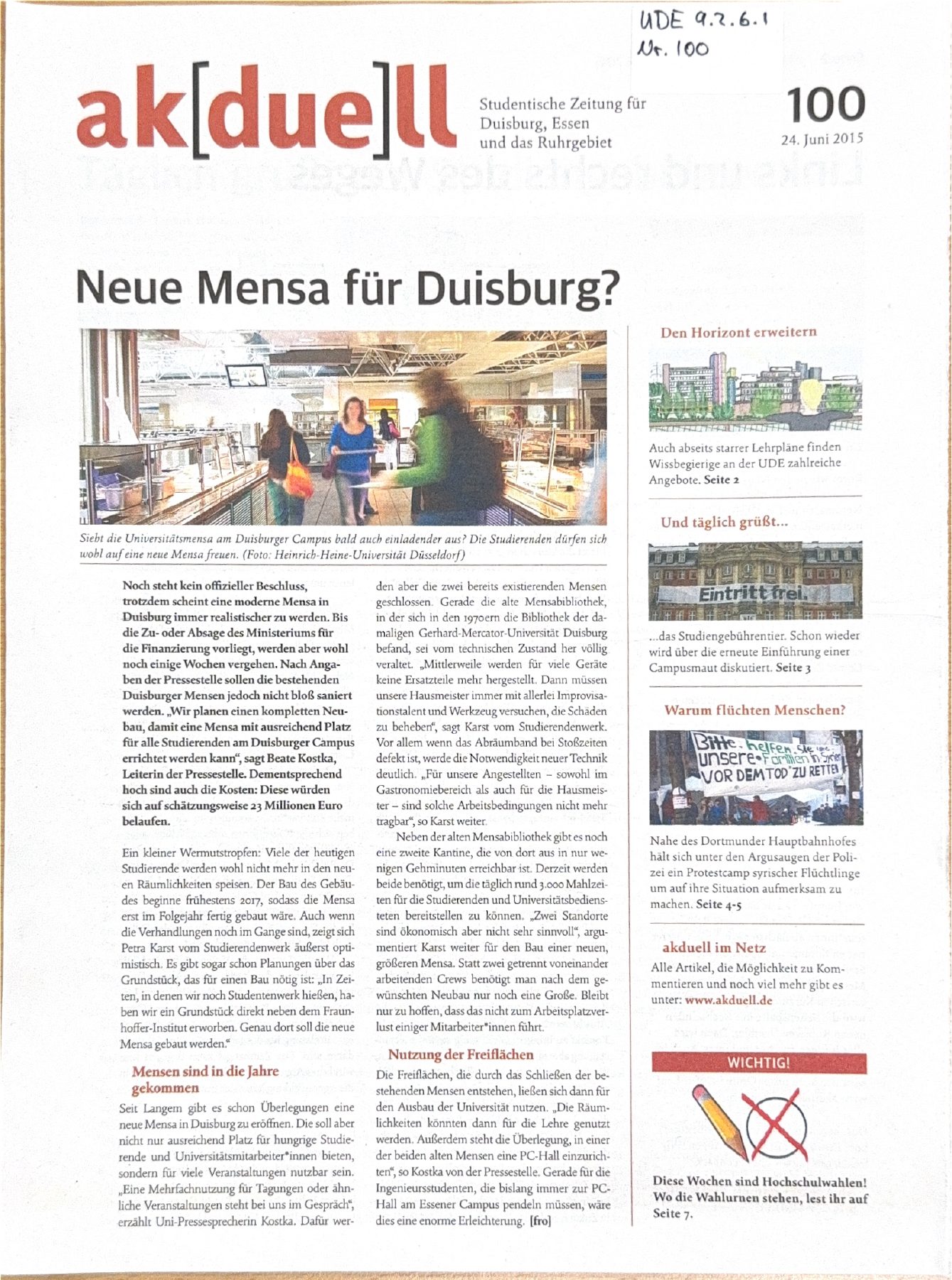 Titelseite der ak[due]ll Ausgabe Nr. 100 von 2015: Neue Mensa für Duisburg?