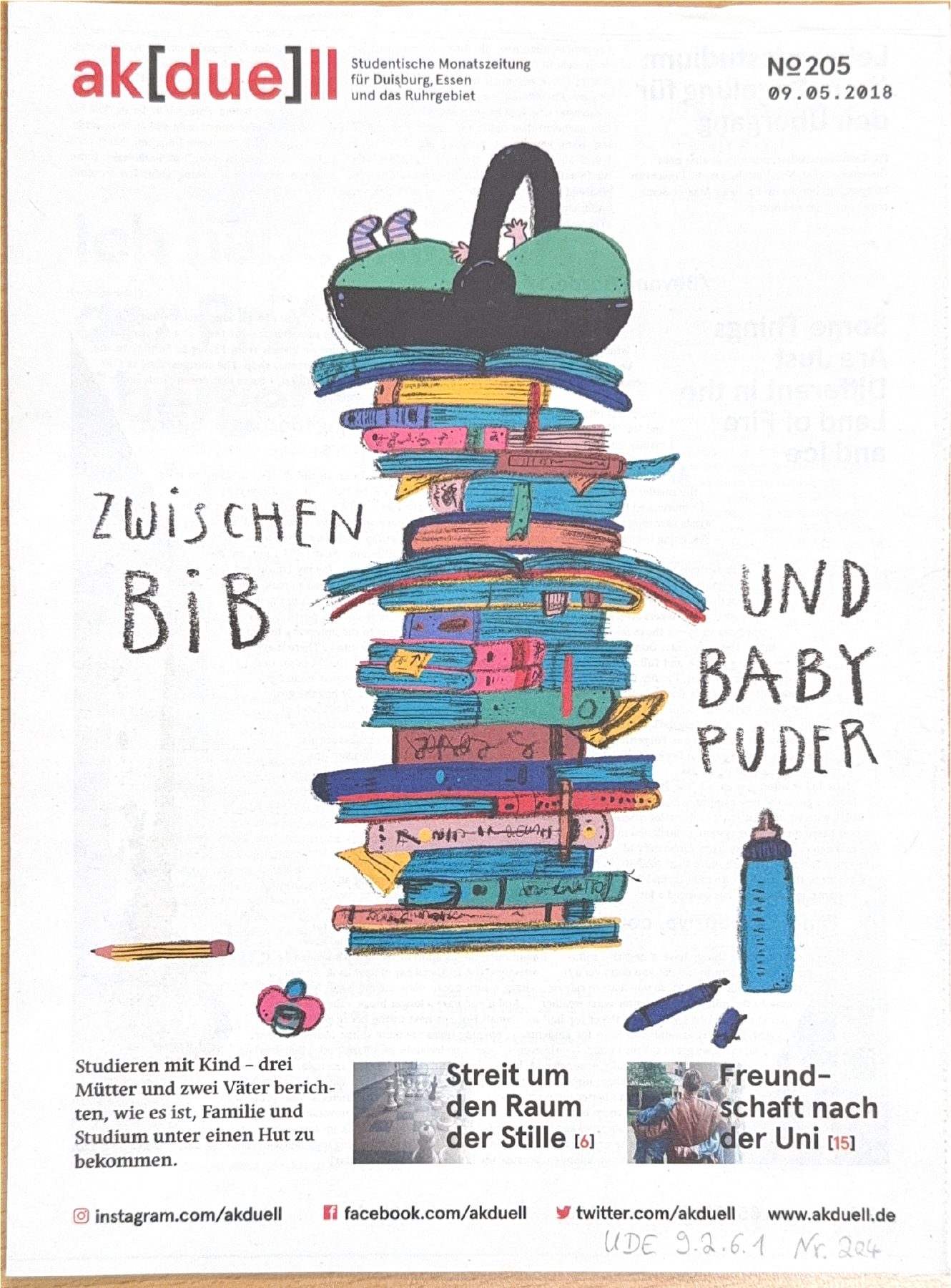 Titelseite der ak[due]ll Ausgabe Nr. 205 von 2018: Zwischen Bib und Babypuder